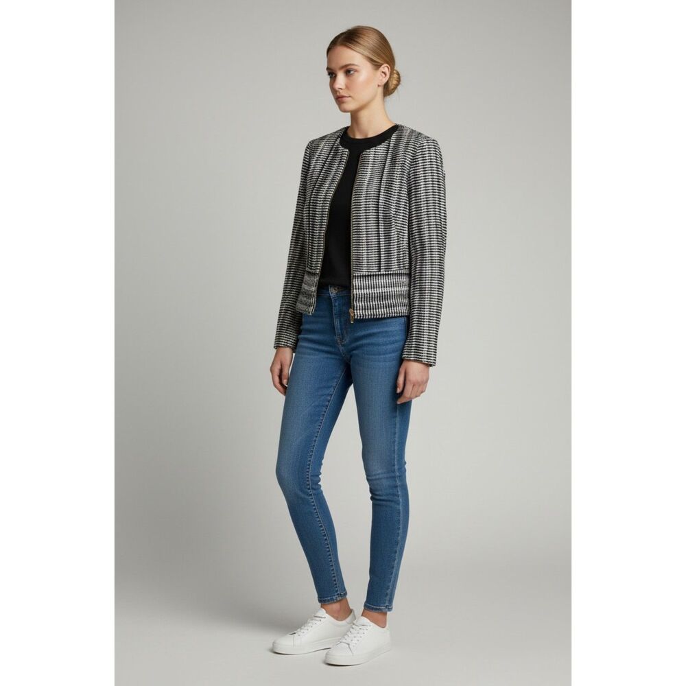 DKNY Black White Striped Zip Front Jacket Career Office Blazer Women's EUC